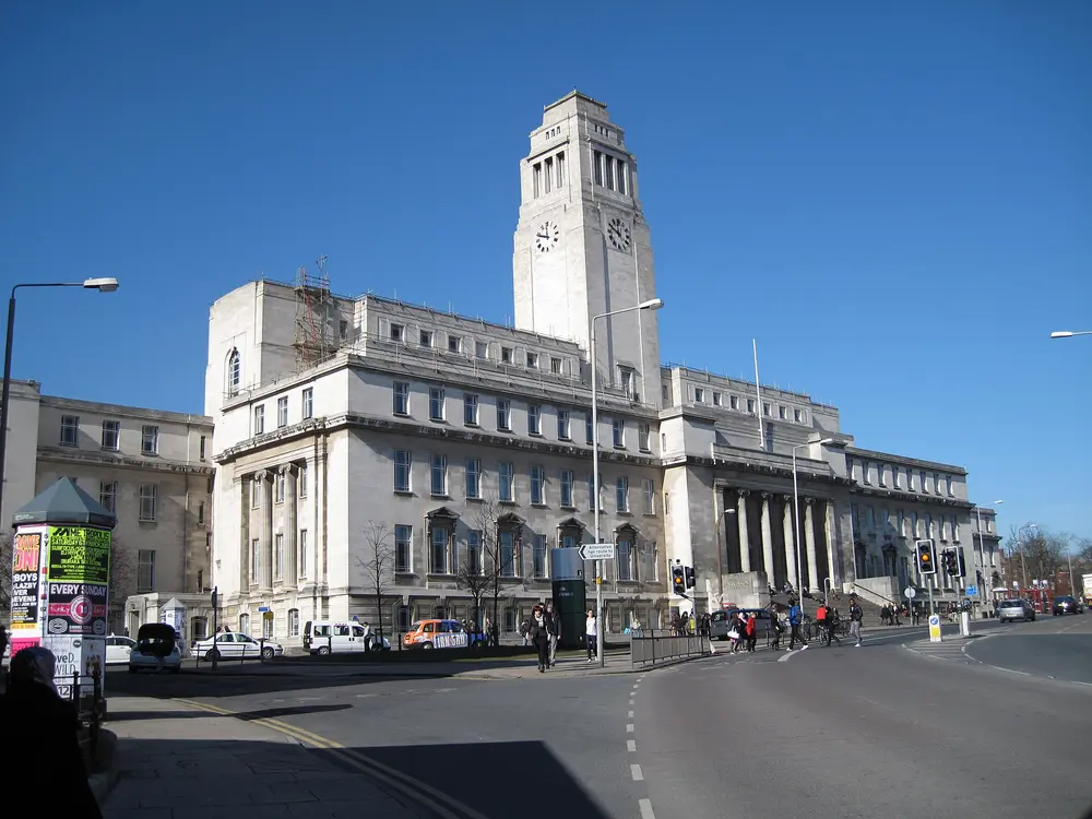 The Parkinson Building (Art Deco white Portland-stone clock tower), the iconic main building of the University of Leeds, on a clear blue-sky day