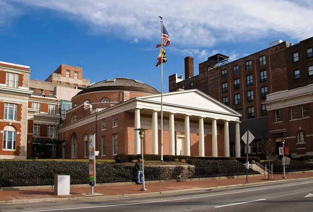 Exterior of historic Davidge Hall — the iconic University of Maryland (School of Medicine) building on the University of Maryland, Baltimore campus that also houses the School of Dentistry.