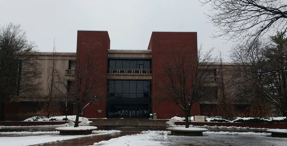 Lovejoy Library, the flagship library building on the Southern Illinois University Edwardsville campus (the parent/host university of the SIU School of Dental Medicine in Alton, IL).