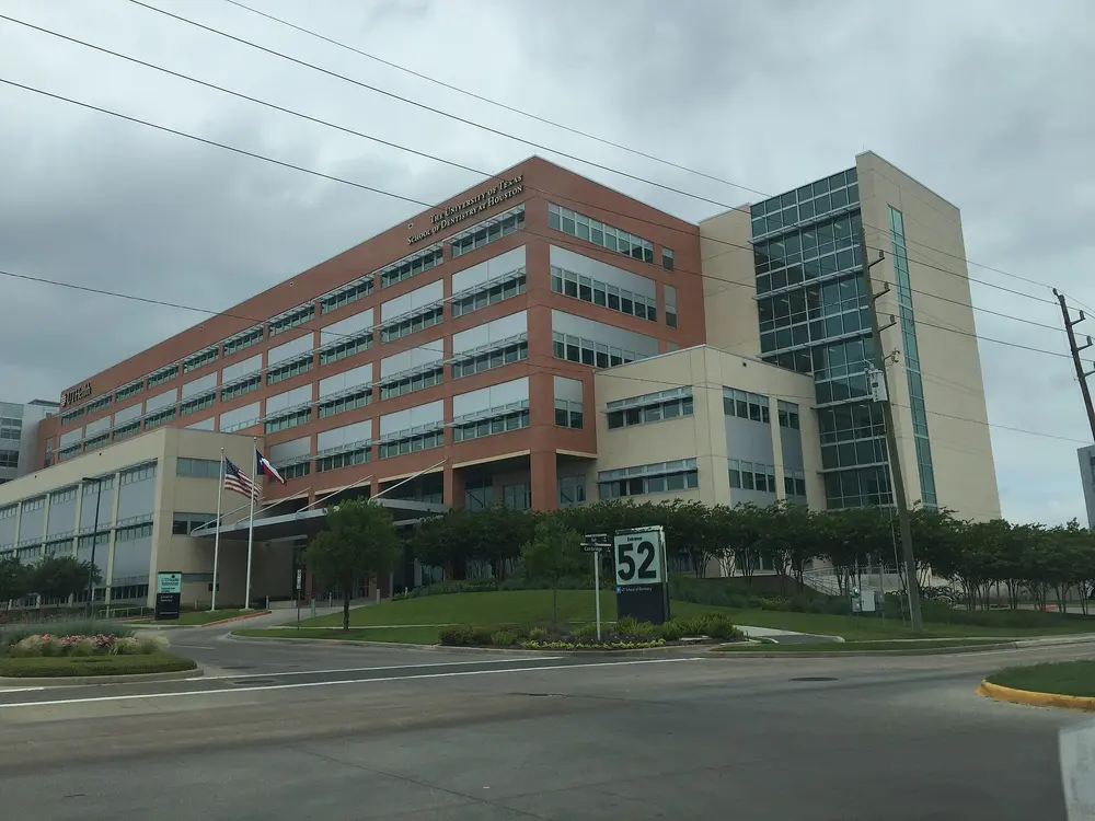 Exterior street-level view of The University of Texas School of Dentistry at Houston (UTHealth Houston) building, with US and Texas flags and campus signage.