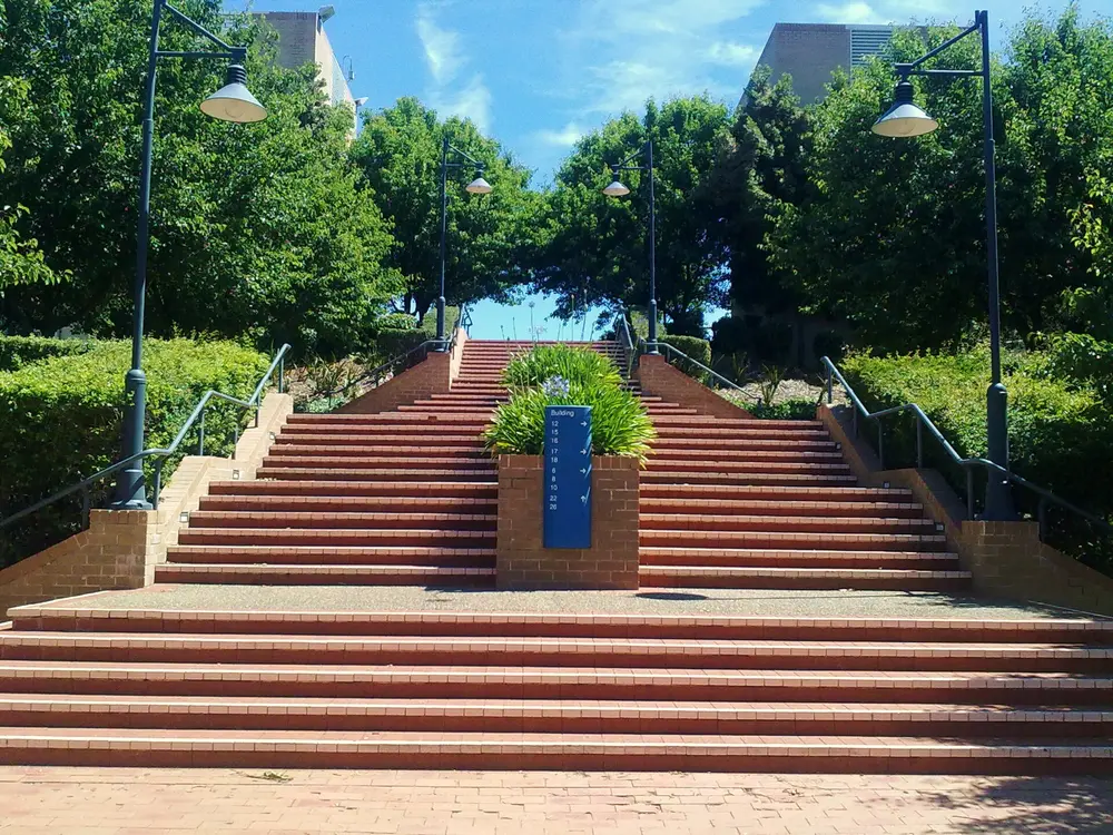 Daytime exterior campus view of Western Sydney University's Campbelltown campus (the School of Medicine's home campus): a symmetric red-brick staircase flanked by lamp posts and green trees under a blue sky.
